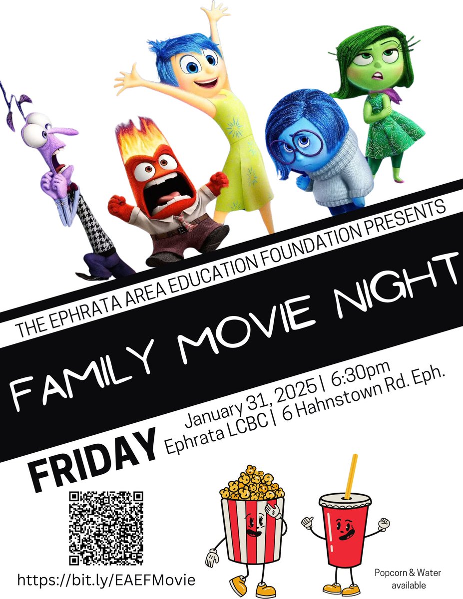 CALLING ALL EPHRATA AREA SHOOL DISTRICT ELEMENTARY FAMILIES! 
Join us on January 31 at LCBC for EAEF's first Family Movie night. Join us for fun, free popcorn &amp; drink, and community! 

QR code and link below on flyer to sign-up. $20 for the whole family!