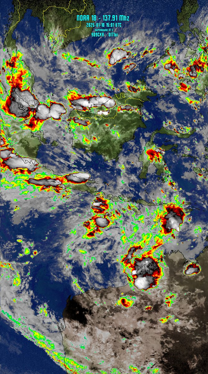 Jutahariadi's tweet photo. NOAA-18 over Bali, 15:01 UTC.
Received with #Airspy HF+Discovery, decode using WxtoIMG
#APT #WX #MCIR https://t.co/OCOkWlDXB6