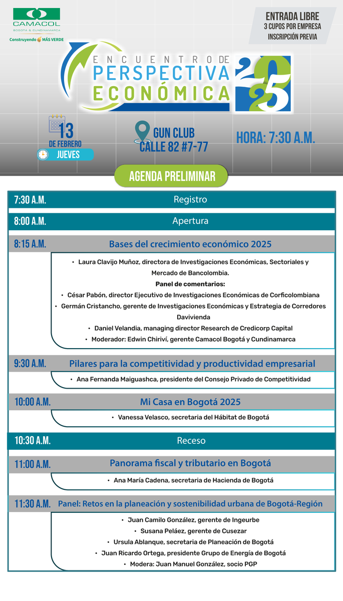¡Conozca la agenda del #EncuentroEconómico2025! 

🌟Descubra los temas clave: competitividad, vivienda, sostenibilidad y más. ¡Prepárese para un evento lleno de valor! 

Regístrese aquí: camacolbyc.co/eventos/encuen…