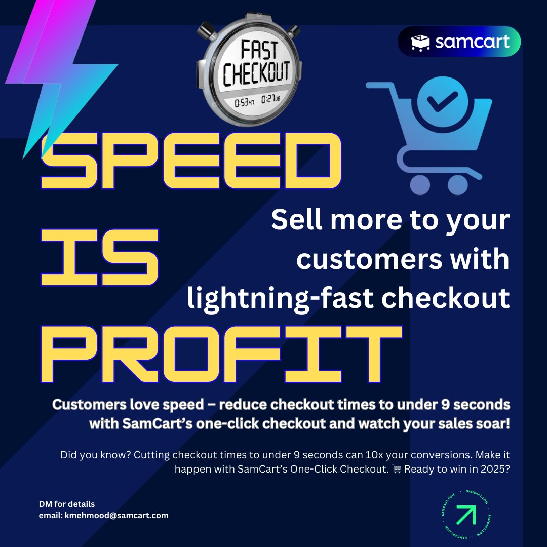 kamran_1223's tweet photo. ***#Speed Is #Profit***

🛒 Ready to win in 2025?

>>>#Sell more to your #customers with lightning-fast #checkout<<<

#Customers love speed – reduce #checkout times to under 9 seconds with SamCart’s one-click checkout and watch your sales soar!

#OneClickCheckout #SpeedToProfit https://t.co/oy73h1bdzR