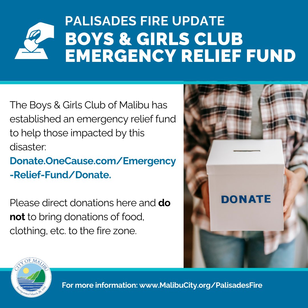 🙏 Support the #PalisadesFire relief! Donate to the <a href="/BGCMalibu/">BGCMalibu</a> Emergency Relief Fund: donate.onecause.com/emergency-reli…  

Every contribution helps! 💙