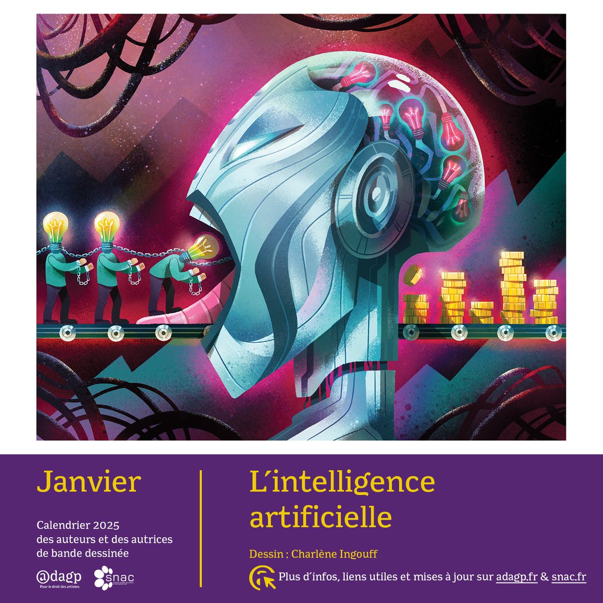 [Calendrier #BD] Janvier : L'intelligence artificielle (IA)🤖⚖️ En ce début d'année, petit point sur l'actualité ! L’ADAGP et le SNAC sont mobilisés, avec tous les acteurs du secteur culturel, pour que le cadre juridique de l’IA soit repensé, dans le respect des droits des