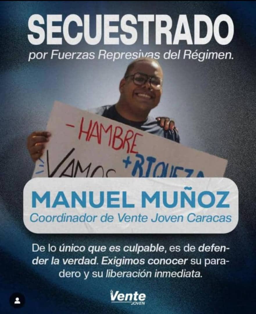 Jóvenes PJ se une al llamado de liberación de nuestro compañero de lucha, Manuel Muñoz, coordinador de <a href="/VenteJoven/">Vente Joven</a> en Caracas.

Nuestra juventud no puede ser sentenciada al secuestro y privativa de libertad por solo querer vivir en democracia.

¡Basta ya!