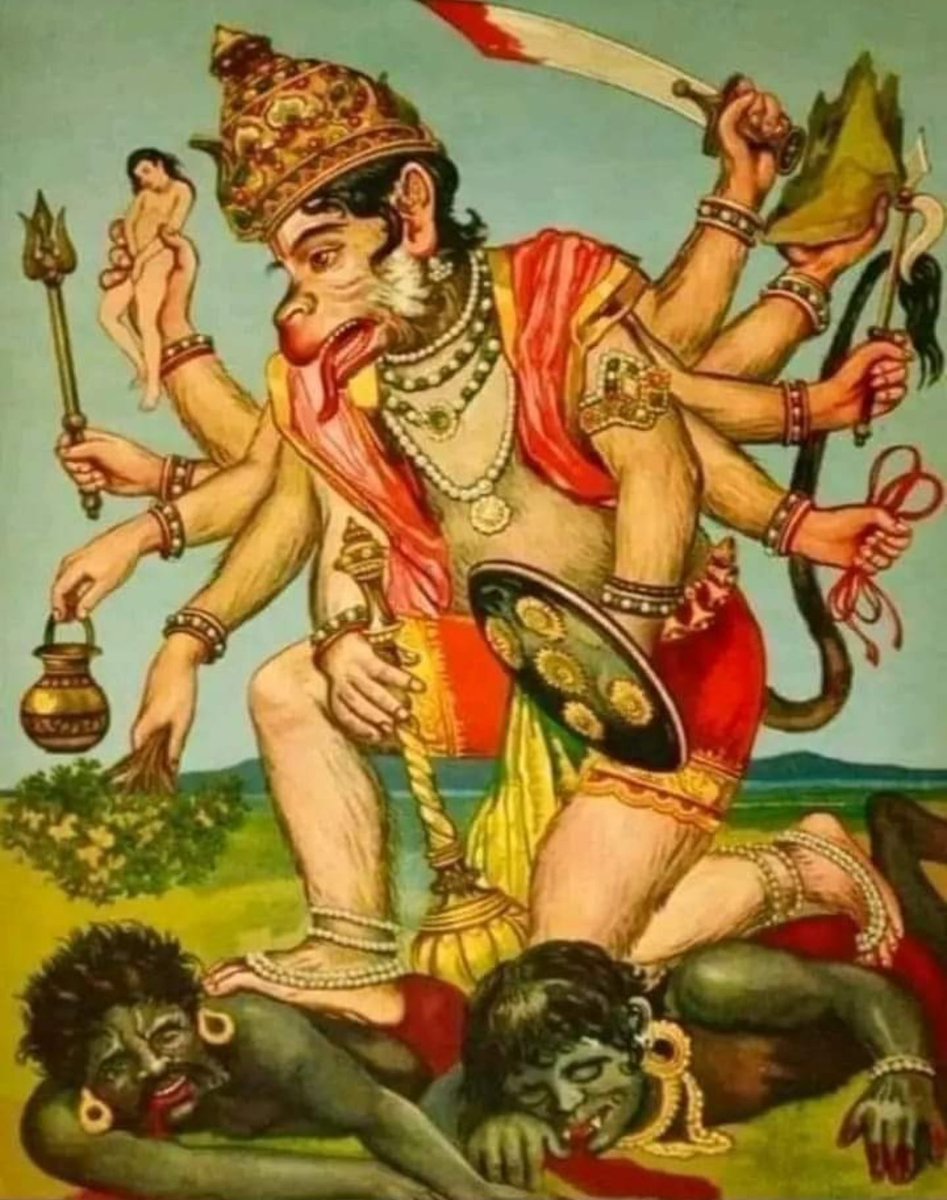 _vatsalasingh's tweet photo. राम ।।
हनुमानजी का अद्भुत पराक्रम
जब रावण ने देखा कि हमारी पराजय निश्चित है तो उसने 1000 अमर राक्षसों को बुलाकर रणभूमि में भेजने का आदेश दिया। ये ऐसे थे जिनको काल भी नहीं खा सका था।
विभीषण के गुप्तचरों ��े समाचार मिलने पर श्री राम को चिन्ता हुई कि हम लोग इनसे कब तक लड़ेंगे ? सीता का उद्धार और विभीषण का राज तिलक कैसे होगा ? क्योंकि युद्ध की समाप्ति असंभव है।