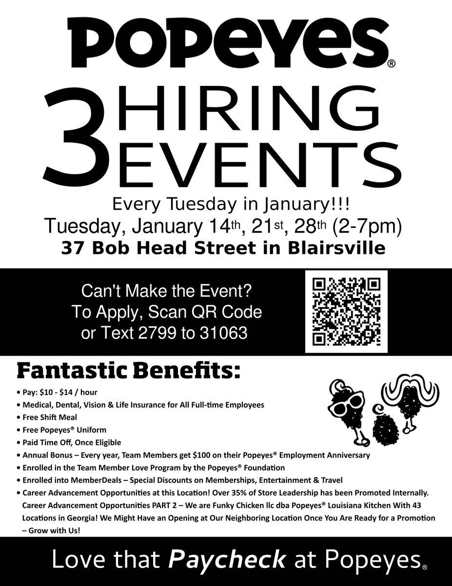 FunkyChickenATL's tweet image. 3 Hiring Events at our Blairsville location on  every Tuesday in  January 14th, 21st, 28th (2-7pm) at 37 Bob Head Street in Blairsville  Join our Popeyes family:  workstream.us/j/74bf9108/pop…   🍗#Popeyes #FastFoodJobs #Hiring #BlairsvillelJobs #BlairsvilleGa