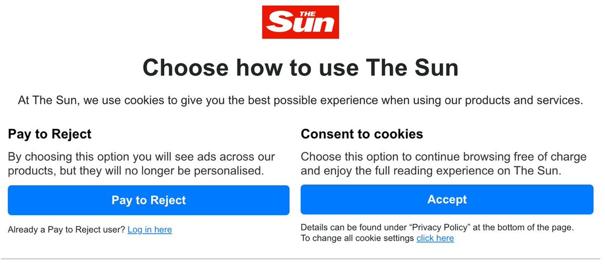 Were you aware <a href="/ICOnews/">ICO - Information Commissioner's Office</a> that on The Sun's website you can only opt out of cookies if you pay? So their privacy isn't available to all. Is this legal?