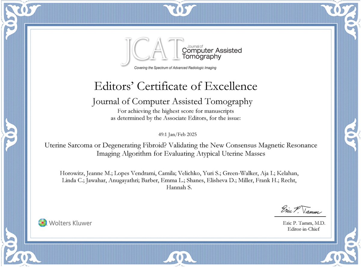 Northwestern Radiology (@nuradiology) on Twitter photo Congratulations to the team who produced this article on uterine sarcomas. It has won the Journal of Computer Assisted Tomography Award for Top Scoring Publication and will be available in an upcoming issue of JCAT. <a href="/JCATonline/">JCAT Online</a> Congratulations to the team who produced this article on uterine sarcomas. It has won the Journal of Computer Assisted Tomography Award for Top Scoring Publication and will be available in an upcoming issue of JCAT. <a href="/JCATonline/">JCAT Online</a>