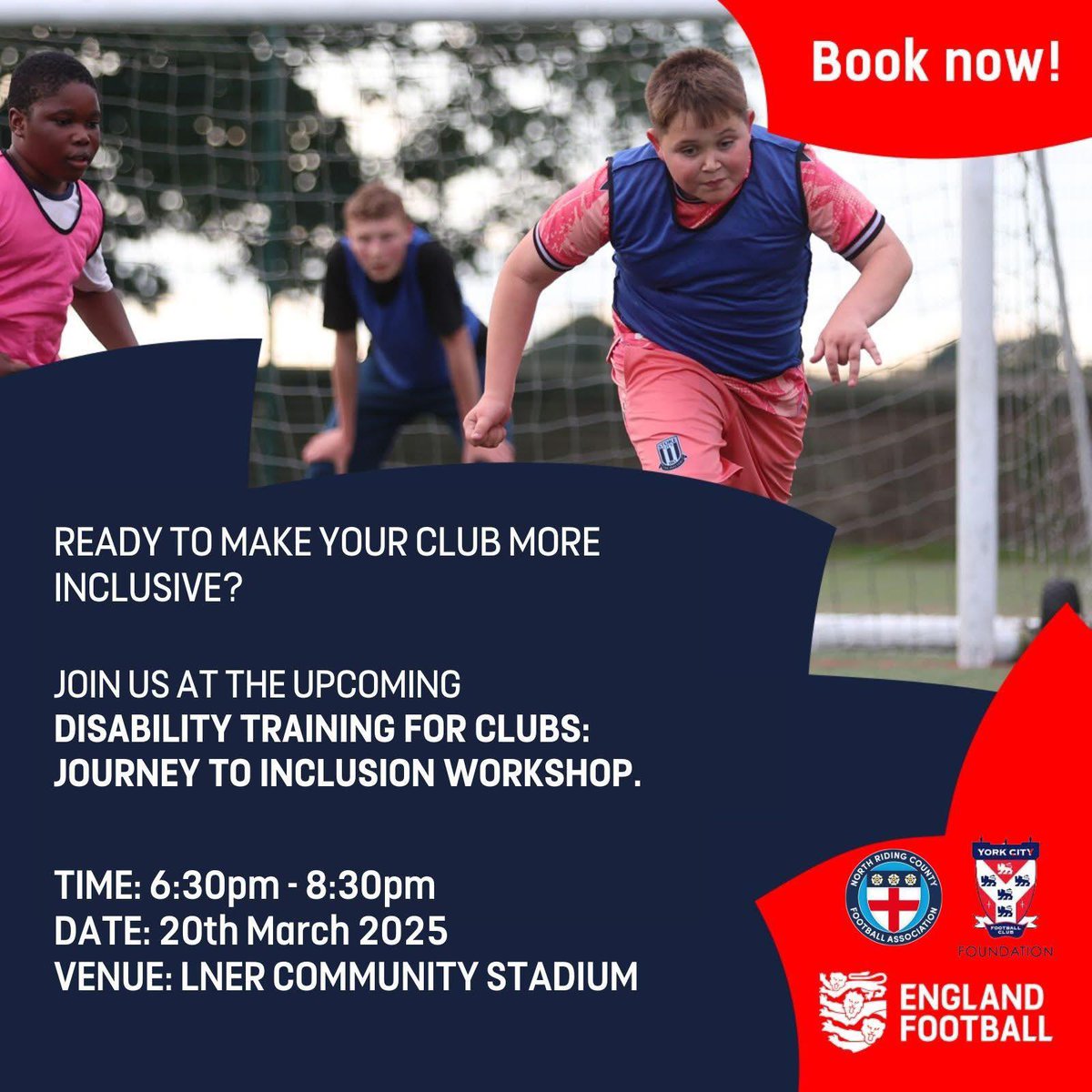 North Riding clubs keen on creating more opportunities for disabled people are invited to join us at LNER Community Stadium for our Journey to Inclusion - Disability Training for Clubs workshop on 20 March! 

Register now 👇

🔗app.smartsheet.com/b/form/0a0d0df…