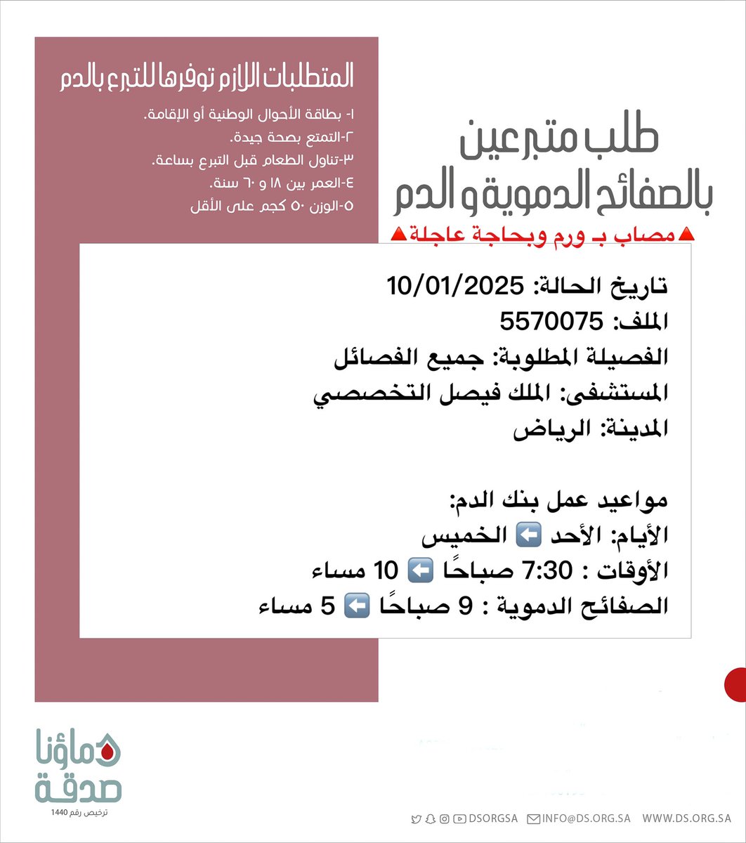 🔴 #عاجل 💉

🔺مصاب بـ ورم وبحاجة عاجلة🔺
  
ابننا صاحب الملف رقم  5570075   بحاجة 20 متبرع #دم و #صفائح_دموية

🩸| الفصيلة المطلوبة: جميع الفصائل
🏨| المستشفى: الملك فيصل التخصصي
📍| المدينة: #الرياض
#دماؤنا_صدقة_الرياض 

(وَمَنْ أَحْيَاهَا فَكَأَنَّمَا أَحْيَا النَّاسَ