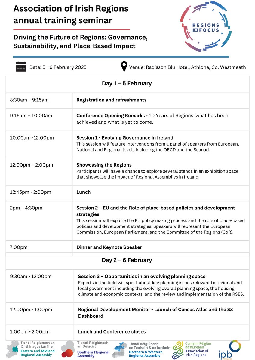 Eastern & Midland RA (@emrassembly) on Twitter photo The agenda is now available for the Association of Irish Regions seminar and training event 5-6 February <a href="/RadissonAthlone/">Radisson Blu Athlone</a>!
🗣️Our brilliant line up of speakers will be announced in the coming days
Meanwhile, check out the agenda & register to attend here: irishregions.ie The agenda is now available for the Association of Irish Regions seminar and training event 5-6 February <a href="/RadissonAthlone/">Radisson Blu Athlone</a>!
🗣️Our brilliant line up of speakers will be announced in the coming days
Meanwhile, check out the agenda & register to attend here: irishregions.ie