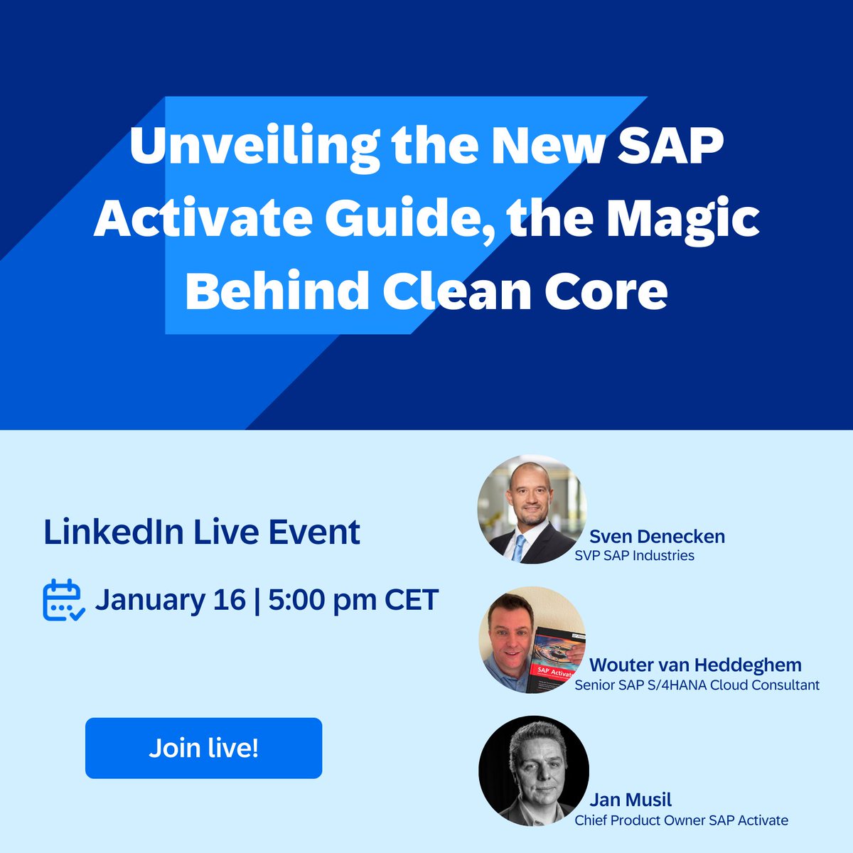 Don’t miss out on this opportunity to elevate your Clean Core knowledge!

📅 Save the date: January 16, 2025
⏰ Time: 11am ET / 5pm CET / 9:30pm IST

📍 Tune in to the LinkedIn Live here: imsap.co/6014aHLN4.