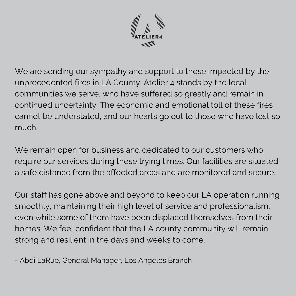 atelier4llc's tweet photo. Our hearts go out to those affected by the devastating fires in LA County. Atelier 4 stands with the local communities during this challenging time. #Atelier4 https://t.co/a9dLczyZcB