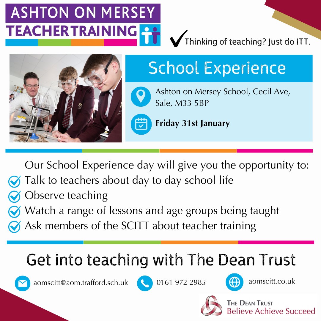 Ashton-on-Mersey SCITT (@aomscitt) on Twitter photo Still on the fence whether teaching is the right route for you? Join us at <a href="/DT_AoMSchool/">Ashton on Mersey</a> for a #SchoolExperience day on Friday 31st January. You can book your place by visiting; schoolexperience.education.gov.uk/candidates/schโฆโฆ #TrainToTeach #GetIntoTeaching #Manchester #NorthWest <a href="/thedeantrust/">The Dean Trust</a> Still on the fence whether teaching is the right route for you? Join us at <a href="/DT_AoMSchool/">Ashton on Mersey</a> for a #SchoolExperience day on Friday 31st January. You can book your place by visiting; schoolexperience.education.gov.uk/candidates/schโฆโฆ #TrainToTeach #GetIntoTeaching #Manchester #NorthWest <a href="/thedeantrust/">The Dean Trust</a>