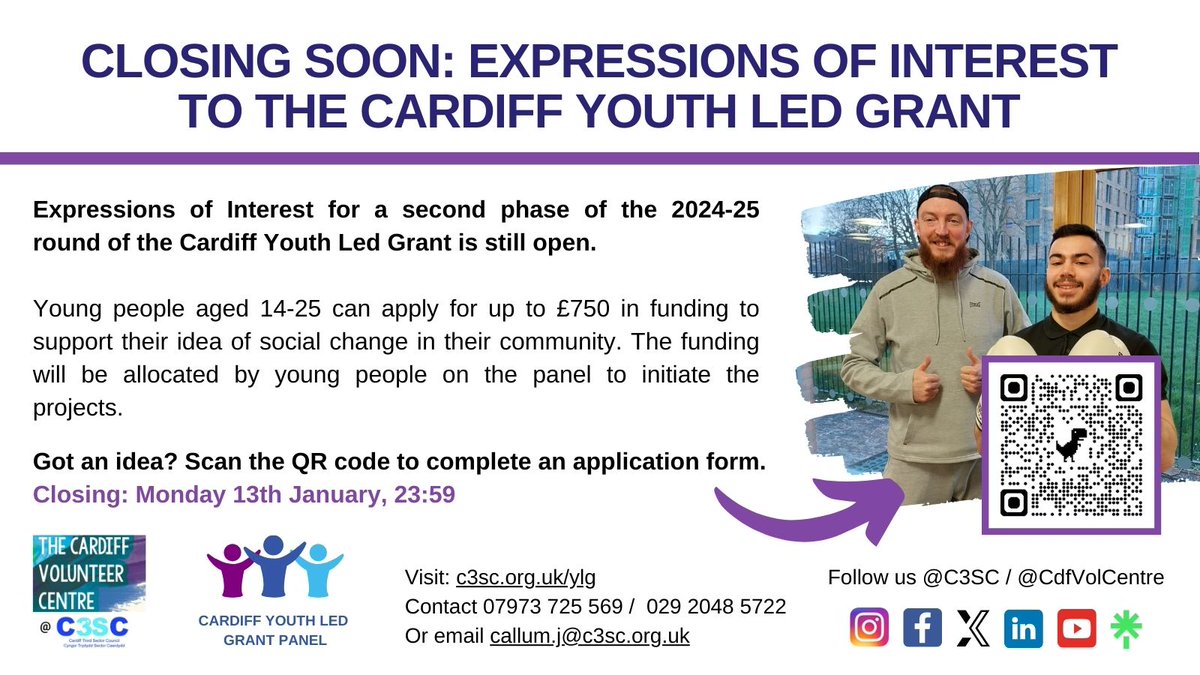 🚨 Calling all young people!

Do you have an idea for a project that involves your community? Good news - the Youth Led Grant is still open for Expressions of Interest but hurry - it's the last weekend to apply for it!

Go to: c3sc.org.uk/cardiff-youth-…
Deadline: 13th January, 23:59