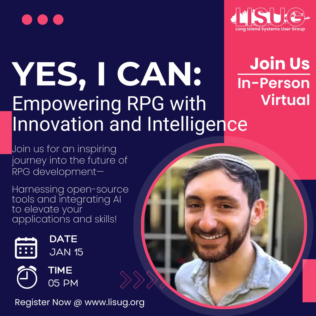 LISUG_Official's tweet photo. Discover the latest in RPG development with expert Aaron Magid. Enhance your applications with AI and open source at this key industry event. Join us for a transformative experience!

#LISUG #RPG #IBMi #AI #AIIntegration #RPGDevelopment  @LISUG_Official https://t.co/T036kHPQnW