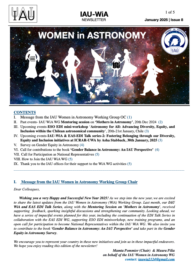 IAU_WiA's tweet photo. 🚀 The @IAU_WiA January 2025 newsletter is out! Link:https://t.co/QWzoRJrp0q 
Join us for the @IAU WiA @EAS EDI Talk Series &amp; other exciting events! 🌟 Tune in for insightful discussions on promoting diversity &amp;inclusion in astronomy!
#DiversityInSTEM #InclusionMatters #Astronomy https://t.co/ekI9OAaiei