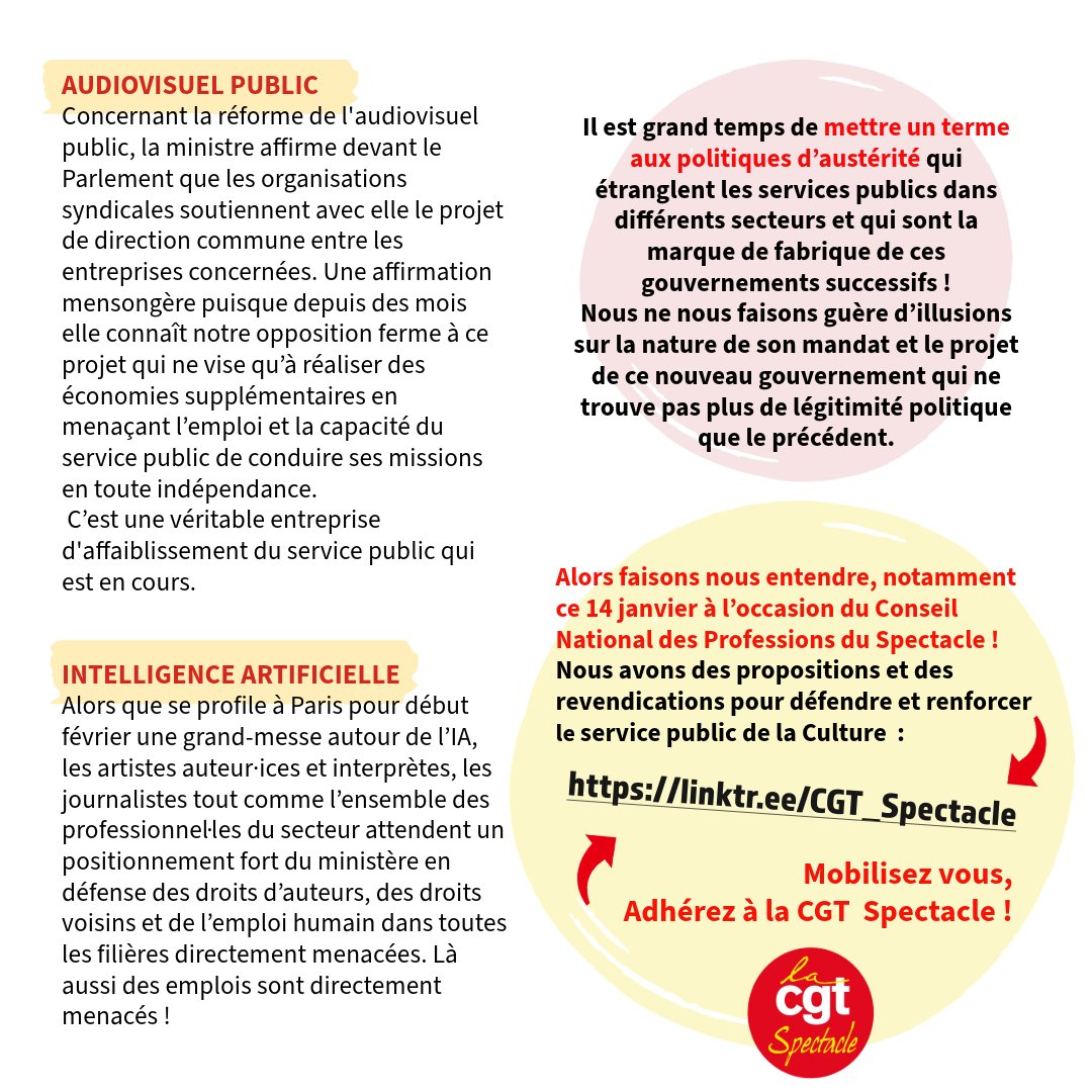 ALERTE : LICENCIEMENTS MASSIFS DANS NOS SECTEURS !!
Concert de casseroles le 14 janvier 2025 ! 
À Paris, à 10H Place du Palais Royal (Paris 1er - M° Palais Royal)
linktr.ee/CGT_Spectacle