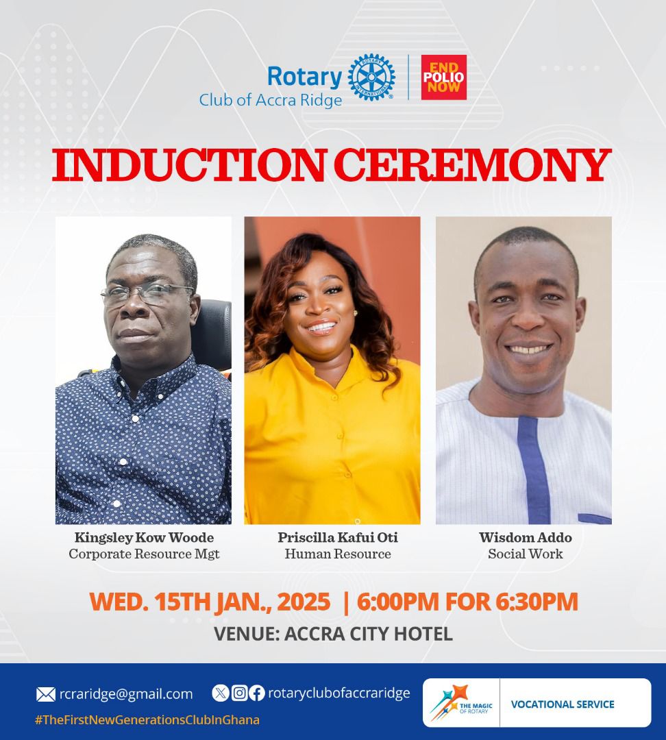 rcaridge's tweet photo. After a Merry making break, we come back with a bangπ₯π₯ π₯
Join the Rotary Club of Accra Ridge next Wednesday to welcome our new members.π
#ThisIsAccraRidge #TheFirstNewGenerationsClubInGhana #RotaryDistrict9104 #RotaryInternational #EndPolioNow #EndPolioAction #ServiceAboveS https://t.co/6GpMJq7QtT