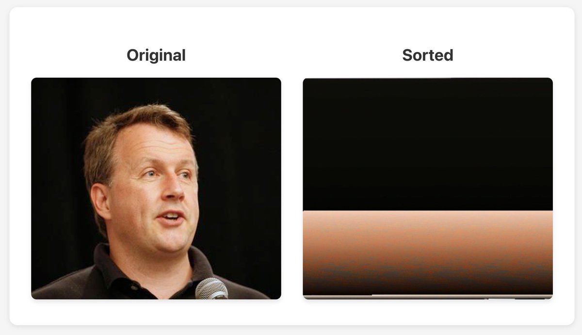IceSolst's tweet image. INTRODUCING: pxl-srt
It sorts pixels in an image by color (i implemented and deployed this 20min after seeing this tweet)