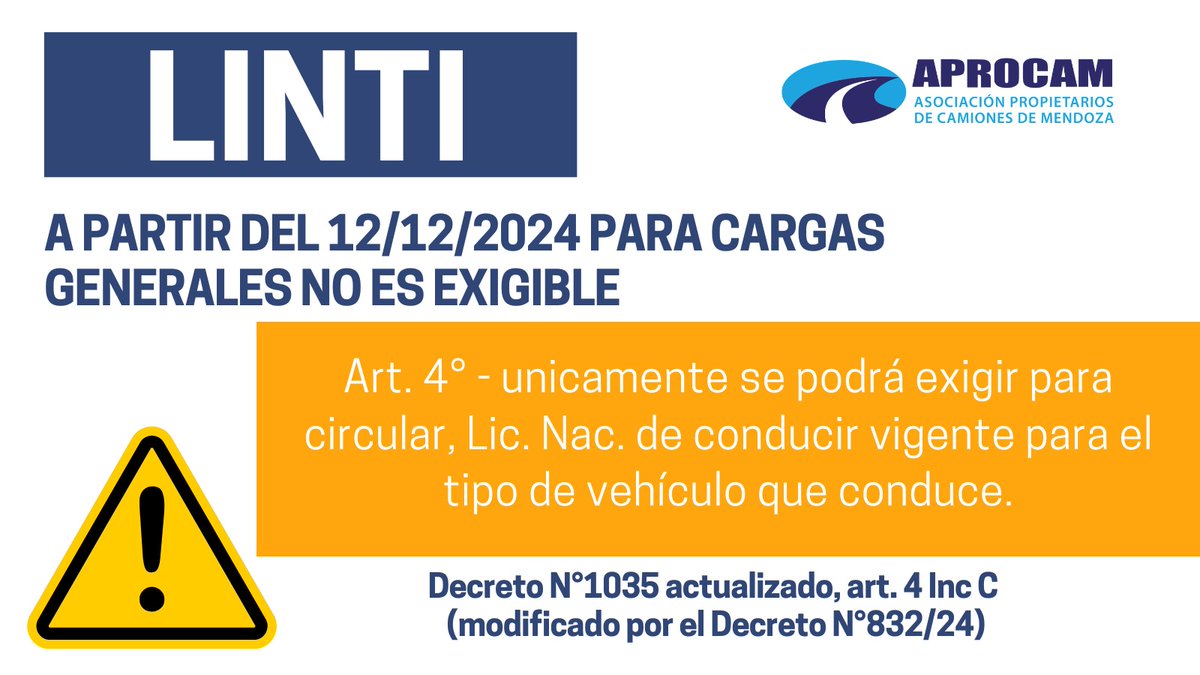 APROCAM1's tweet photo. El Gobierno Nacional ha dejado sin efecto la obligatoriedad del trámite LINTI (Licencia Nacional de Transporte Interjurisdiccional) para conductores de camiones con cargas generales. +INFO: info@aprocam.org.ar

#linti #cargasgenerales #aprocam https://t.co/je9tHNXw9v