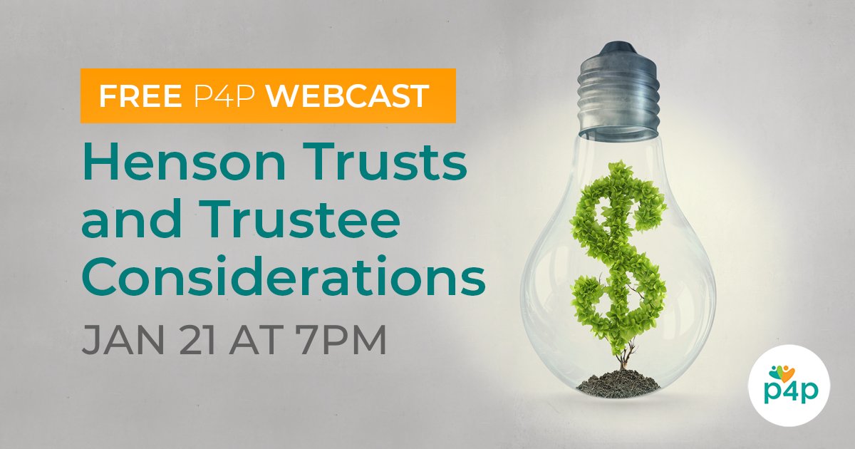 Join us on January 21st at 7pm for P4P's FREE webcast, The Henson Trust and Trustee Considerations to learn more about the Henson Trust and other strategies that can help safeguard your family member's financial future.

Register here: bit.ly/4jcsjZ1