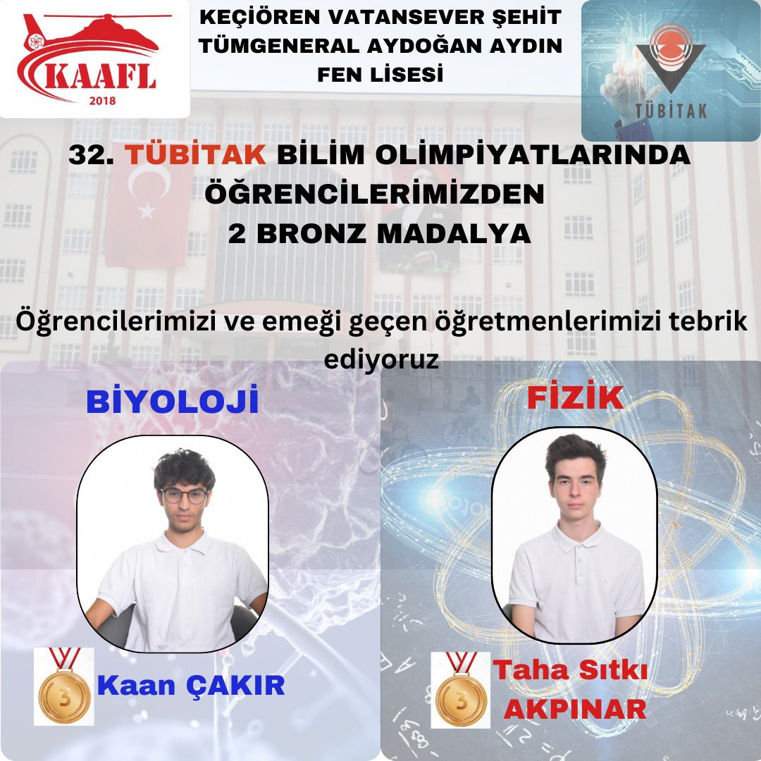 Keçiören Fen Lisesi (@kaafl06) on Twitter photo TÜBİTAK’ın 2024 yılında düzenlediği 32. Bilim Olimpiyatları sınavında; öğrencilerimizden T.S. Akpınar Fizik dalında, K. Çakır Biyoloji dalında bronz madalya kazanmışlardır. Öğrenci ve öğretmenlerimizi tebrik ediyoruz. <a href="/KeciorenMEM/">Keçiören İlçe Milli Eğitim Müdürlüğü</a> <a href="/MemAnkara/">Ankara İl Millî Eğitim Müdürlüğü</a> <a href="/atuluce07/">Abdurrahman Tülüce</a> <a href="/kocakysr/">Yaşar Koçak</a> <a href="/mkaradag79/">Murat Karadağ</a> TÜBİTAK’ın 2024 yılında düzenlediği 32. Bilim Olimpiyatları sınavında; öğrencilerimizden T.S. Akpınar Fizik dalında, K. Çakır Biyoloji dalında bronz madalya kazanmışlardır. Öğrenci ve öğretmenlerimizi tebrik ediyoruz. <a href="/KeciorenMEM/">Keçiören İlçe Milli Eğitim Müdürlüğü</a> <a href="/MemAnkara/">Ankara İl Millî Eğitim Müdürlüğü</a> <a href="/atuluce07/">Abdurrahman Tülüce</a> <a href="/kocakysr/">Yaşar Koçak</a> <a href="/mkaradag79/">Murat Karadağ</a>