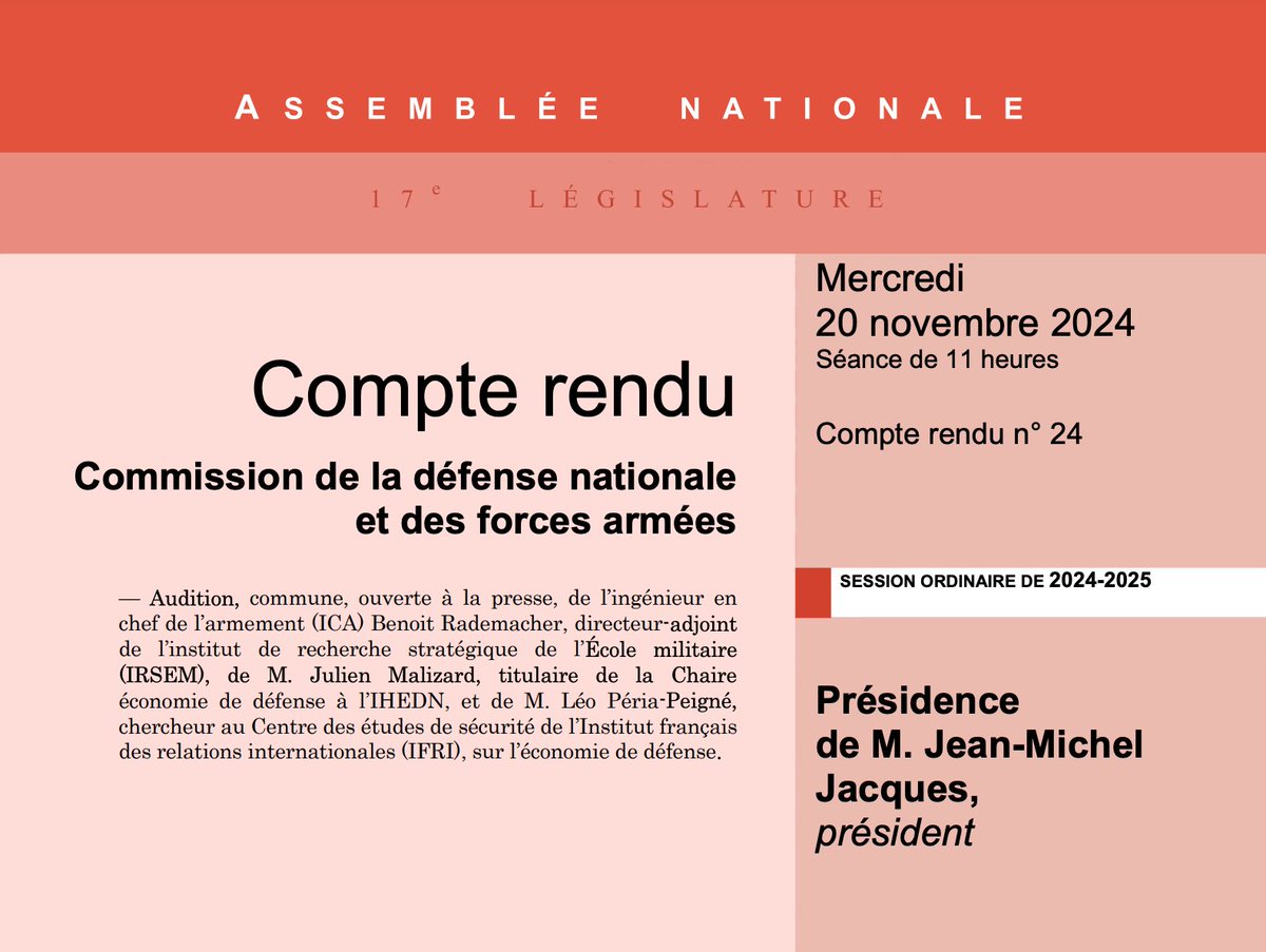 Commission de la Défense (@an_defense) on Twitter photo 📙 Le compte-rendu de l'audition de l’ICA Benoit Rademacher, dir. adjoint de l’<a href="/IRSEM1/">IRSEM</a>, de <a href="/JMalizard/">Julien Malizard</a>, titulaire de la chaire « #économie de #défense » de l’<a href="/IHEDN/">IHEDN</a>, et de <a href="/Leo_PeriaPeigne/">Léo Peria-Peigné</a>, chercheur à l'<a href="/IFRI_/">Institut français des relations internationales</a>, sur l’économie de défense est en ligne 👉 assnat.fr/If8yGL. 📙 Le compte-rendu de l'audition de l’ICA Benoit Rademacher, dir. adjoint de l’<a href="/IRSEM1/">IRSEM</a>, de <a href="/JMalizard/">Julien Malizard</a>, titulaire de la chaire « #économie de #défense » de l’<a href="/IHEDN/">IHEDN</a>, et de <a href="/Leo_PeriaPeigne/">Léo Peria-Peigné</a>, chercheur à l'<a href="/IFRI_/">Institut français des relations internationales</a>, sur l’économie de défense est en ligne 👉 assnat.fr/If8yGL.