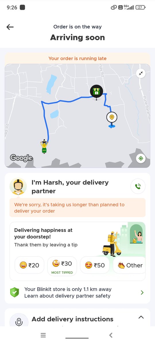 #Blinkit 
At the time of placing order shown delivery is within 8 min. But it is more than 20 min till not got order. 
Even not able to cancel order.

Do not go for blinkit