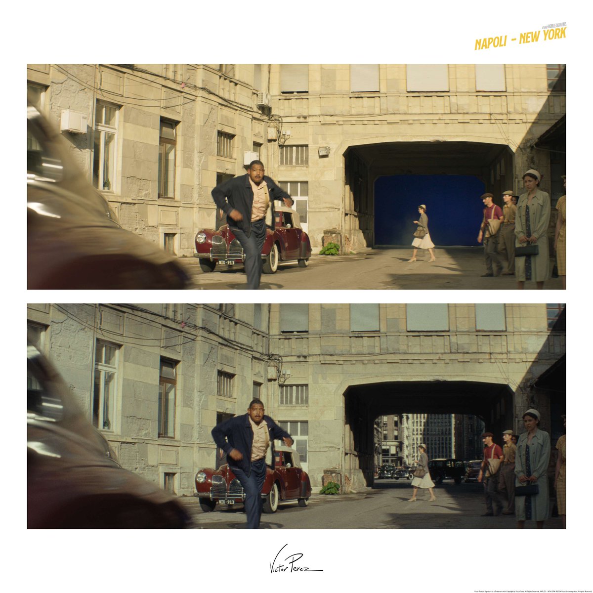 Check out the before-and-after VFX of 'Naples - New York'! A stunning blend of CGI and real locations. #vfx #visualeffects #cgi #cg #compositing #comp #victorperez #film #movie #beforeandafter #behindthescenes #fellini