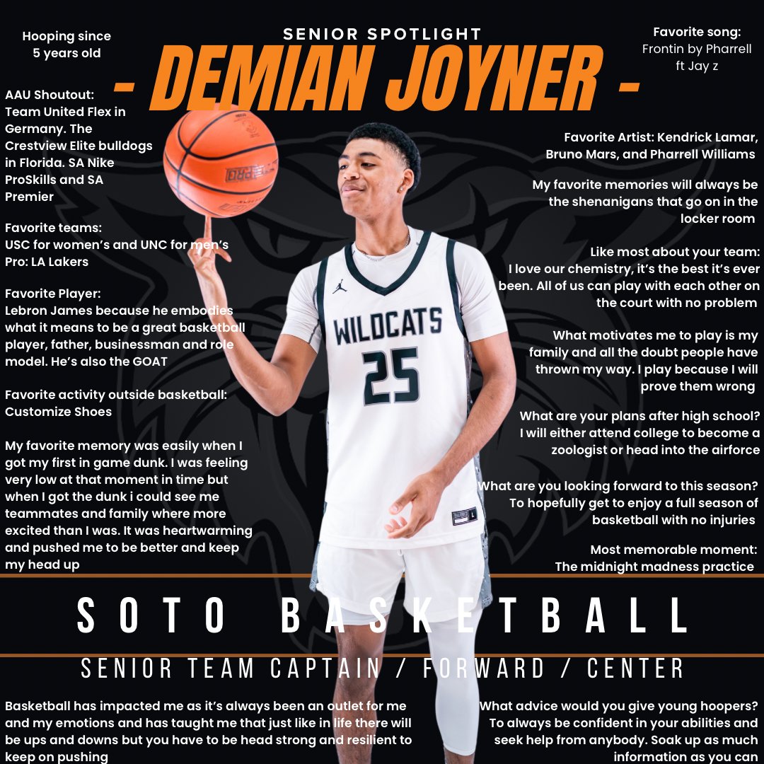 ✨Senior Spotlight✨

Demian Joyner, our paint man. On the court he’s our team’s 6’4” glass cleaner, who thrives in the paint. Off the court, he’s a young entrepreneur who customizes sneakers in his free time.