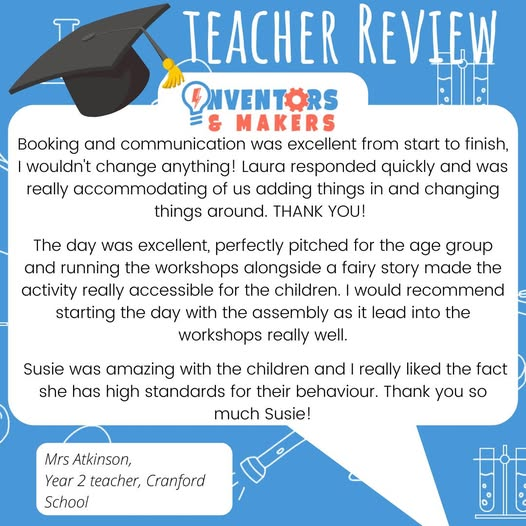 Lovely review from a school we visited for the first time last term.
#inventorsandmakersreview #primaryworkshops #schoolworkshops