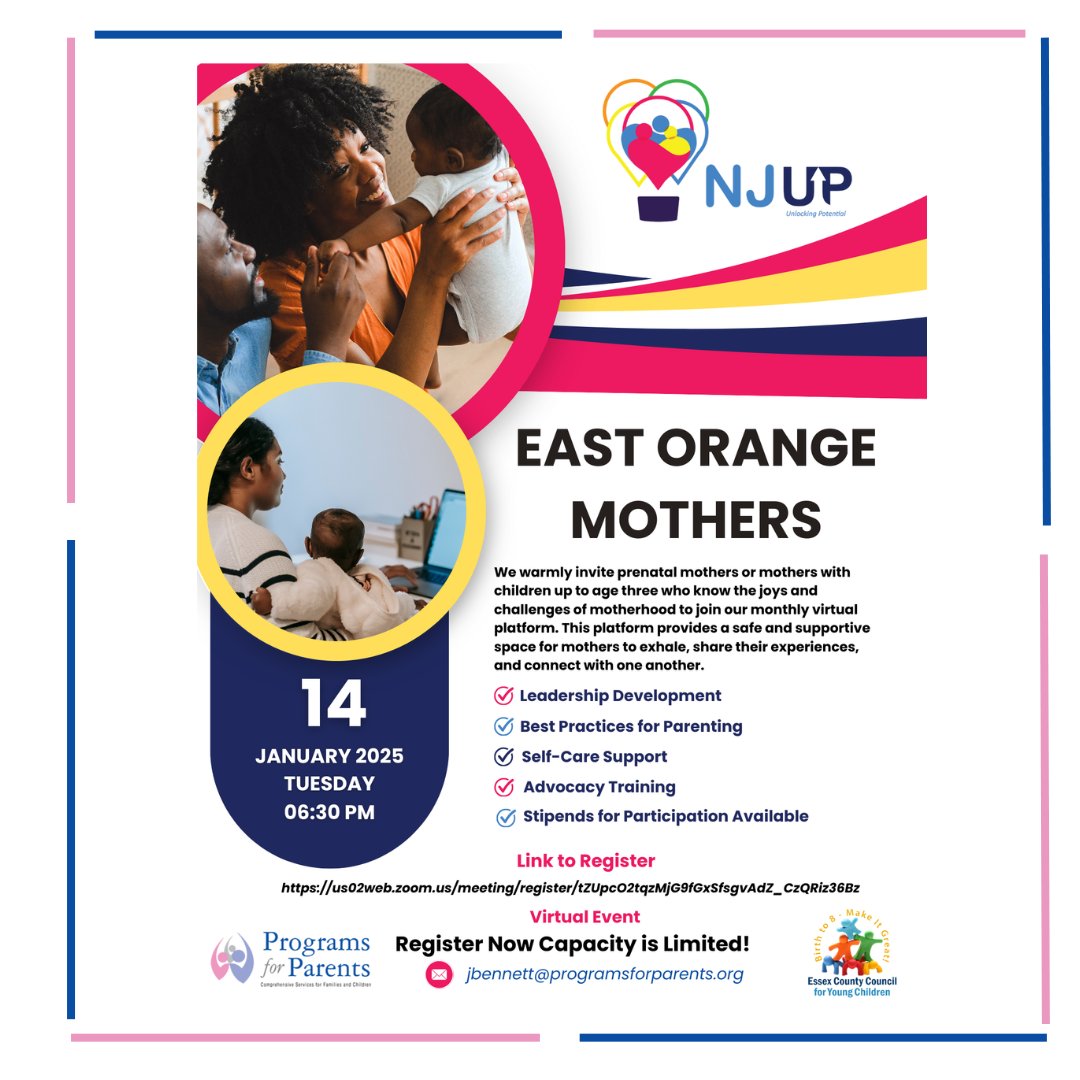 🌟 Calling all East Orange moms! 🌟
Join us for a special evening of connection and support the East Orange Moms Group in partnership with NJ UP Coalition and the Essex County Council for Young Children. 💕
Clink the link: tinyurl.com/yc7tpcaz
#MomSupport #EastOrangeMoms