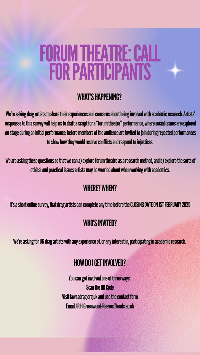 ✨️Call for participants!✨️

We're running a survey to ask drag artists about their experiences and thoughts of working with academics. 

Responses will help us put together a forum theatre piece on drag and legal research for an event we're holding in April!