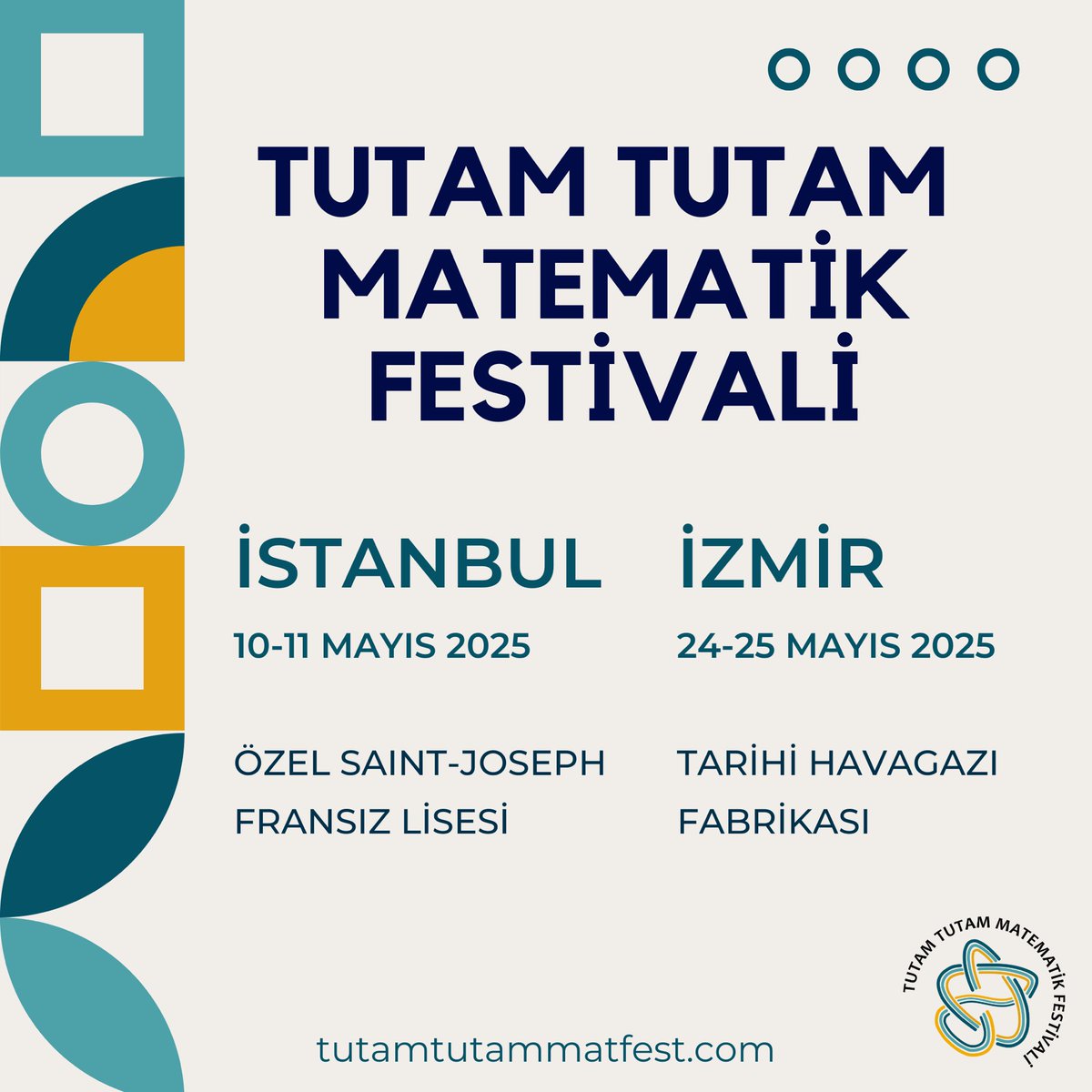 Matematiğin Peşinde (@matpesinde) on Twitter photo Matematiği farklı bir gözle keşfetmek için sizleri Tutam Tutam Matematik Festivaline davet ediyoruz.
Bu yıl İstanbul (<a href="/matfestivali/">Tutam Tutam Matematik Festivali</a>) ve İzmir’deyiz (<a href="/izmatfestivali/">İzmir Tutam Tutam Matematik Festivali</a>).
Matematiğe dair unutulmaz bir deneyim sizleri bekliyor!
Detaylar için takipte kalın!
tutamtutammatfest.com Matematiği farklı bir gözle keşfetmek için sizleri Tutam Tutam Matematik Festivaline davet ediyoruz.
Bu yıl İstanbul (<a href="/matfestivali/">Tutam Tutam Matematik Festivali</a>) ve İzmir’deyiz (<a href="/izmatfestivali/">İzmir Tutam Tutam Matematik Festivali</a>).
Matematiğe dair unutulmaz bir deneyim sizleri bekliyor!
Detaylar için takipte kalın!
tutamtutammatfest.com