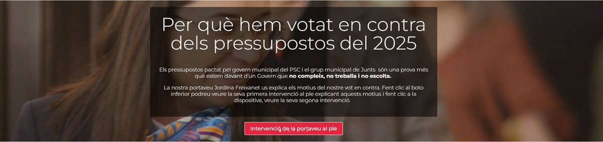 Juanjo Falcó (@juanjofalco) on Twitter photo Els 5 regidors/es d'<a href="/ercpaeria/">ERC a la Paeria #LaTevaLleida</a> hem votat en contra dels pressupostos municipals per 2025 elaborats conjuntament pel govern municipal del PSC i el grup de Junts.
La nostra portaveu <a href="/jfreixanet/">Jordina Freixanet i Pardo | Lleida</a> ha batejat el pacte dels pressupostos com el Pacte de la lletera.
Si voleu saber per Els 5 regidors/es d'<a href="/ercpaeria/">ERC a la Paeria #LaTevaLleida</a> hem votat en contra dels pressupostos municipals per 2025 elaborats conjuntament pel govern municipal del PSC i el grup de Junts.
La nostra portaveu <a href="/jfreixanet/">Jordina Freixanet i Pardo | Lleida</a> ha batejat el pacte dels pressupostos com el Pacte de la lletera.
Si voleu saber per
