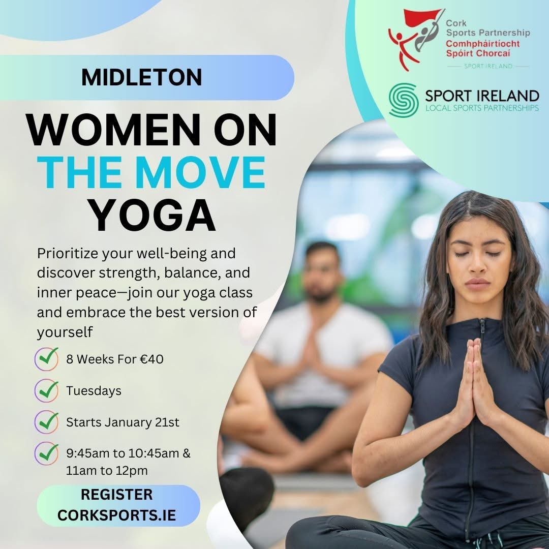 🤩📢 Women on the Move | Yoga 

🙋🏻‍♀️ Chair Yoga and Active Yoga available in East Cork this January. The perfect way to start your January in a fun and encouraging environment 🧘🏻‍♀️

🧘🏻‍♀️ Chair Yoga
🧘🏼‍♀️ Active Yoga
📍 Midleton
📍 Churchtown South 
📅 8 Weeks

ℹ️ corksports.ie/latest-news/wo…