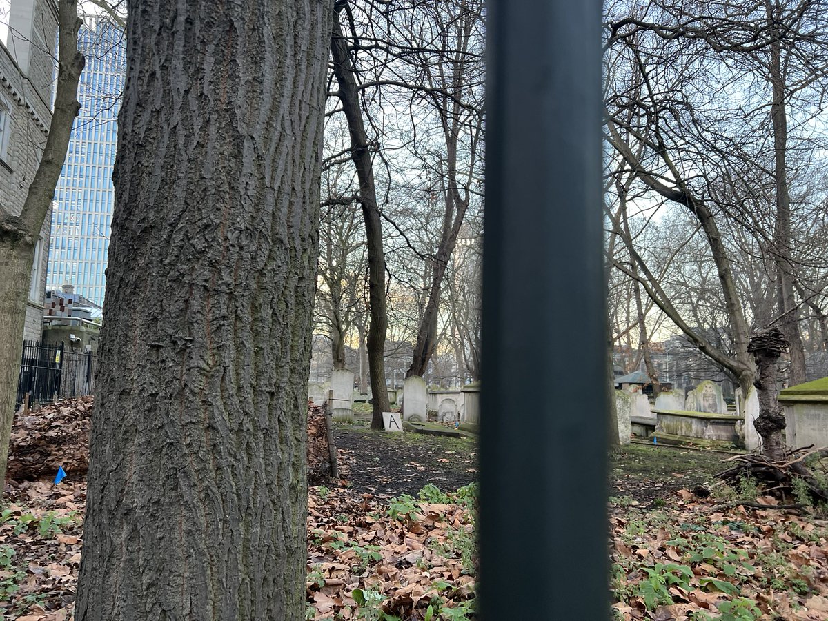 Heavy duty lighting looming over Bunhill Fields on City Road.  Must be filming something.