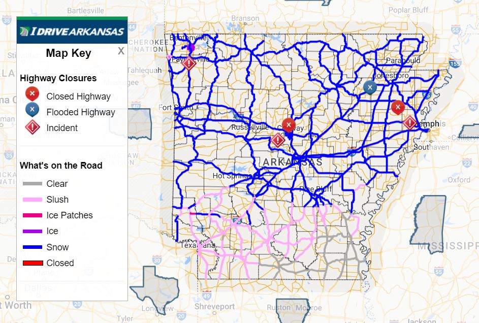 10 am <a href="/IDriveArkansas/">IDrive Arkansas</a> check:

- 3-8+" of snow and counting
- Wet snow = dangerous driving conditions
- Precipitation expected to stop by Friday afternoon
- Re-freezing is a big concern overnight
- Immediate goal is to get one passable lane in each direction on primary routes