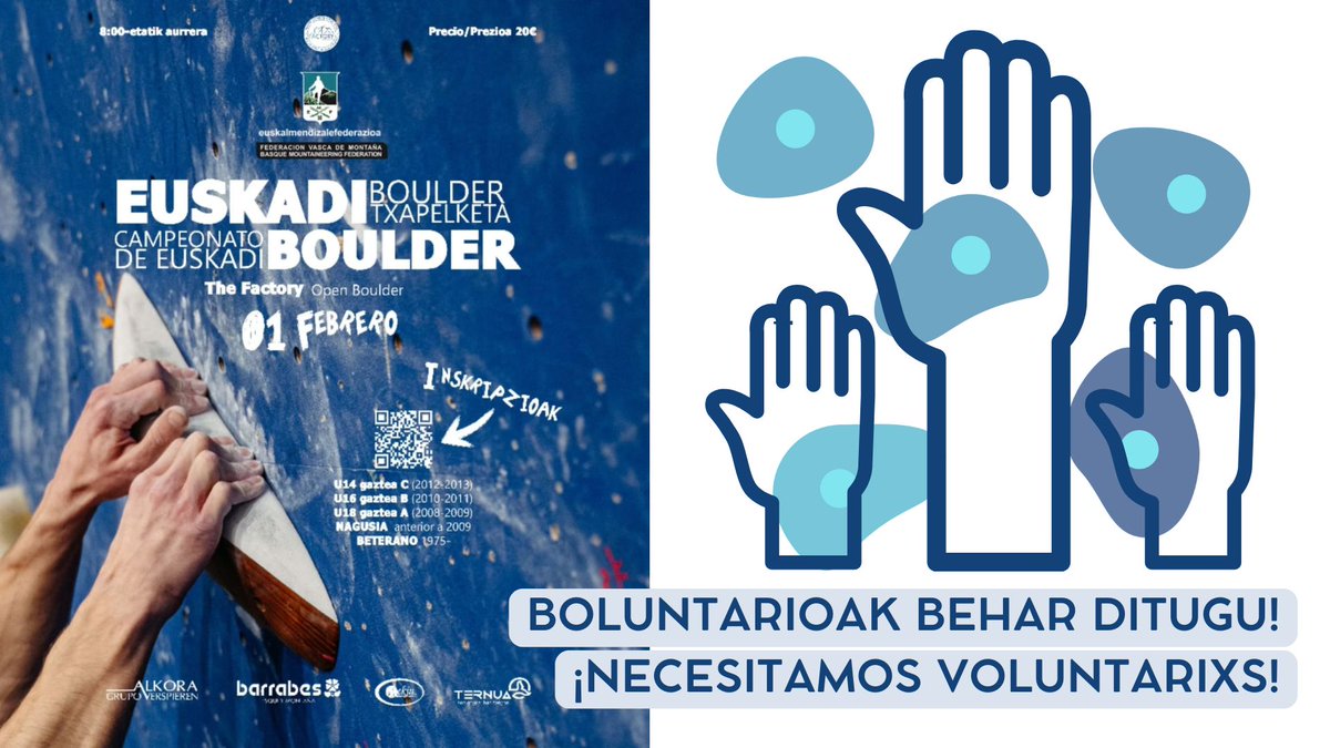 🧗🏻‍♀️🏆 Antolakuntzak boluntarioak behar ditu. Interesatzen bazaizu, jar zaitez harremanetan. Hemen egin dezakezu 👉 labur.eus/qXNkt

🧗🏻‍♀️🏆 Necesitamos voluntarixs para la organización. Si te interesa, no dudes en contactar. Puedes hacerlo aquí 👉 labur.eus/K1NpJ