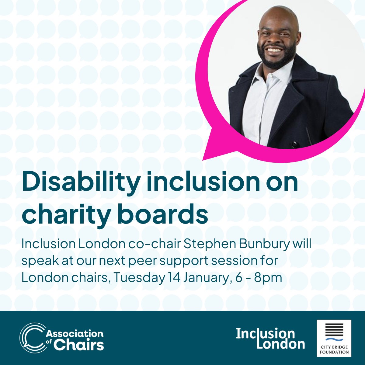 Association of Chairs (@assocofchairs) on Twitter photo Final reminder: Tuesday is our next London peer support session. Guest speaker: Stephen Bunbury <a href="/InclusionLondon/">Inclusion London</a>.
If you or your charity is based in or serves Greater London, come along! <a href="/CityBridgeFndn/">City Bridge Foundation</a> have funded this work 🙏
Book your free place: associationofchairs.org.uk/events/peer-su… Final reminder: Tuesday is our next London peer support session. Guest speaker: Stephen Bunbury <a href="/InclusionLondon/">Inclusion London</a>.
If you or your charity is based in or serves Greater London, come along! <a href="/CityBridgeFndn/">City Bridge Foundation</a> have funded this work 🙏
Book your free place: associationofchairs.org.uk/events/peer-su…