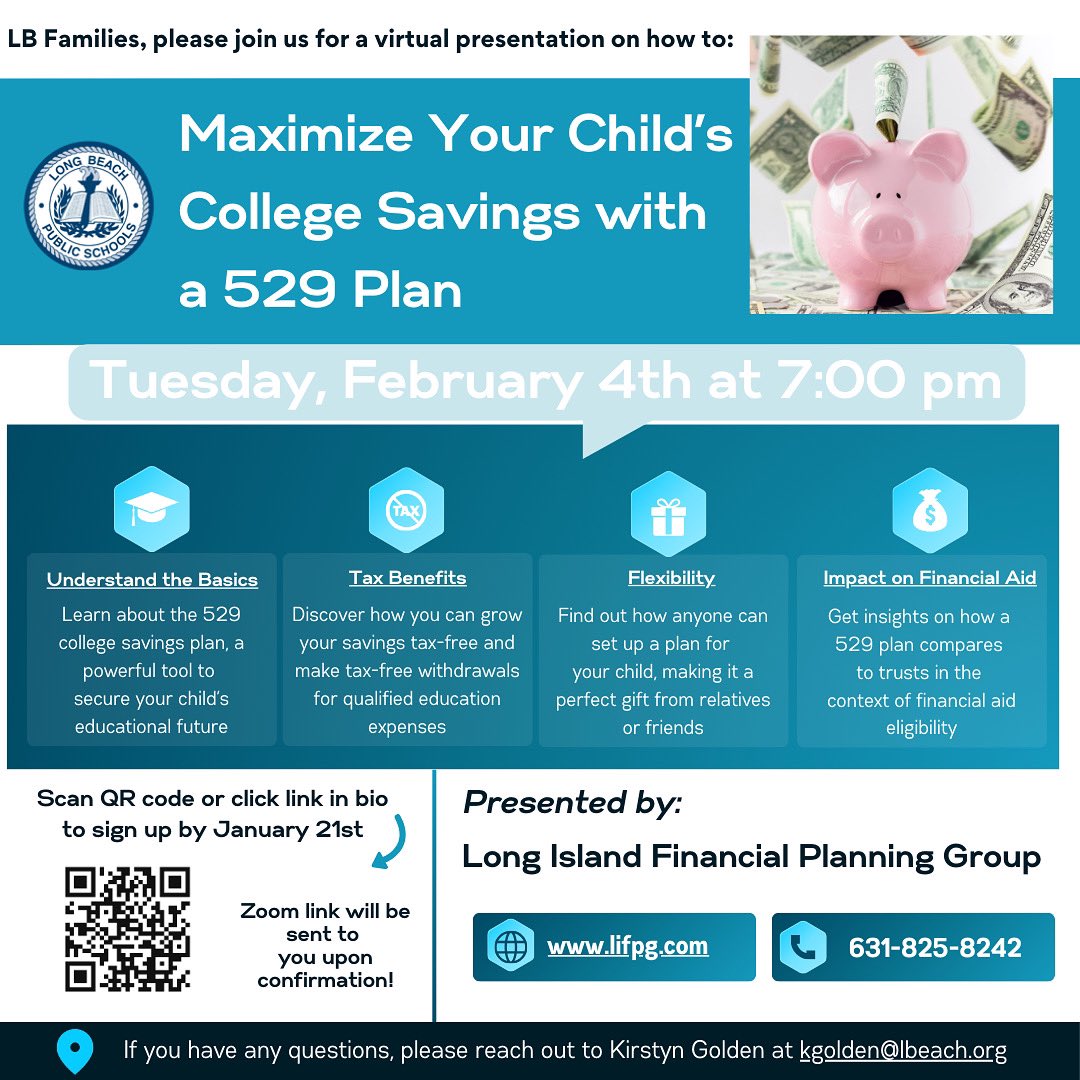 Kirstyn Golden (@msgoldenlb) on Twitter photo 📣 <a href="/LBSchoolsNY/">LongBeachSchools</a> families: join us next month for a virtual presentation about college savings and 529 plans! 🏫💰
Link to register: lifpg.com/events/maximiz…
#ProudtobeLB #LBLeads 📣 <a href="/LBSchoolsNY/">LongBeachSchools</a> families: join us next month for a virtual presentation about college savings and 529 plans! 🏫💰
Link to register: lifpg.com/events/maximiz…
#ProudtobeLB #LBLeads