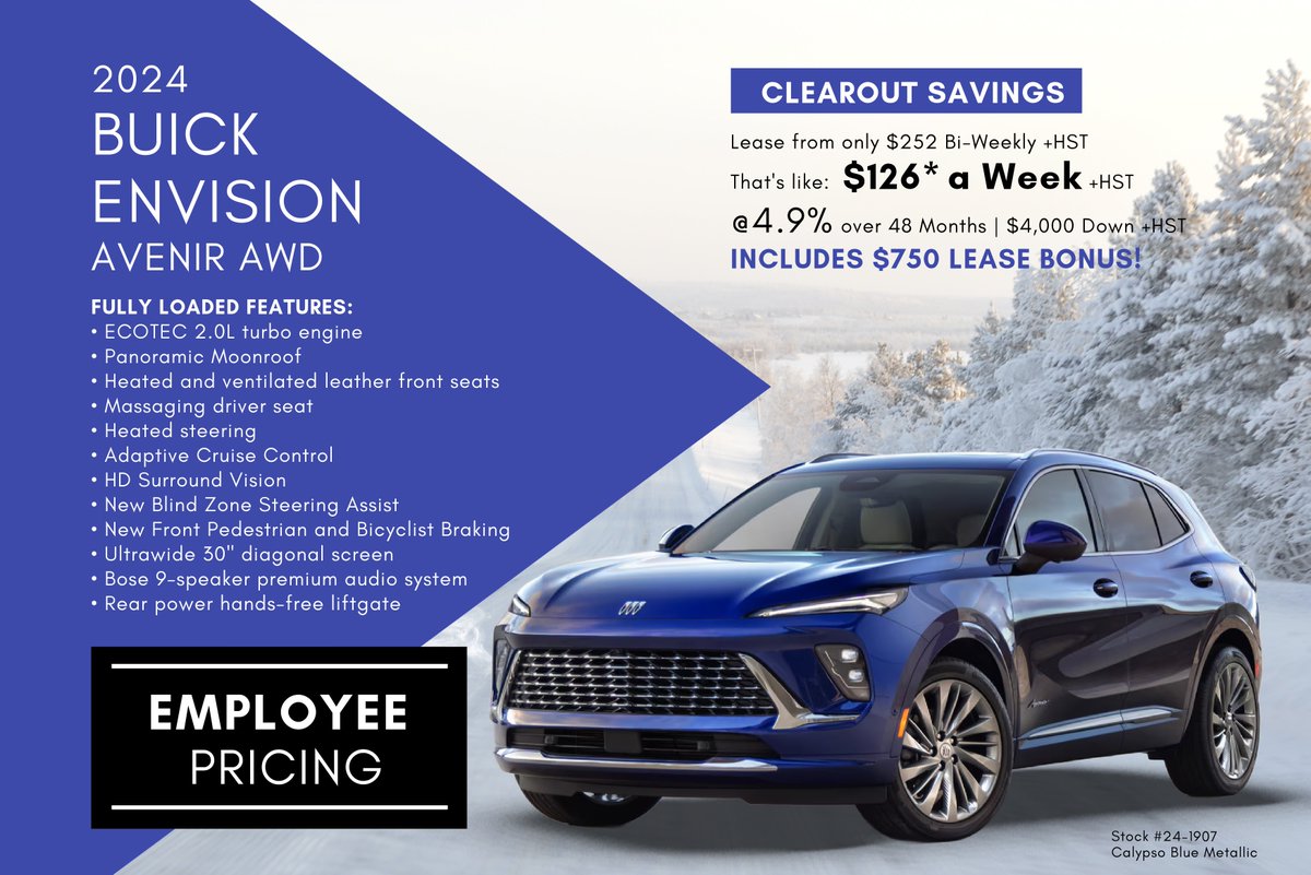 Ready for a ride that combines luxury, performance, and style? The 2024 Buick Envision Avenir AWD is here, and we’re making it easier than ever to get behind the wheel!
Enjoy employee pricing &amp; HUGE clearout savings! 

☎️1-800-350-3325
📍1000 Wallace Avenue North, Listowel, ON