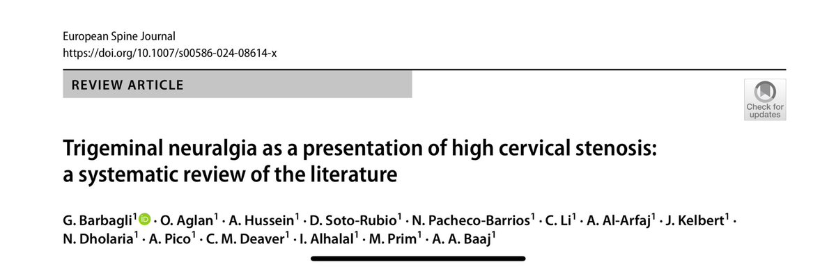 Giovanni Barbagli, MD. ⭐️ ⭐️ (@jobasketman) on Twitter photo Check out our last publication! Great mentorship from Dr <a href="/AliBaajMD/">Ali A. Baaj MD</a> ! Thanks to <a href="/SpringerNature/">Springer Nature</a> to publish our review of efficacy of cervical surgery in treating trigeminal neuralgia. #neurosurgery #spine #research Check out our last publication! Great mentorship from Dr <a href="/AliBaajMD/">Ali A. Baaj MD</a> ! Thanks to <a href="/SpringerNature/">Springer Nature</a> to publish our review of efficacy of cervical surgery in treating trigeminal neuralgia. #neurosurgery #spine #research