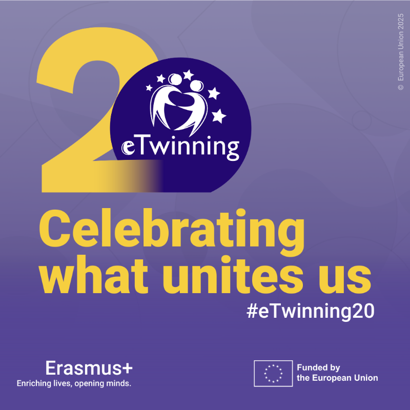 EUErasmusPlus's tweet photo. We blinked and #eTwinning is celebrating its 20 years! 🎉

Since 2005, the initiative empowers teachers and schools to build cross-border connections and working together on different projects. 

Let’s continue to grow &amp; inspire the next generation of teachers together. 🤗 https://t.co/lJLhgRJVis