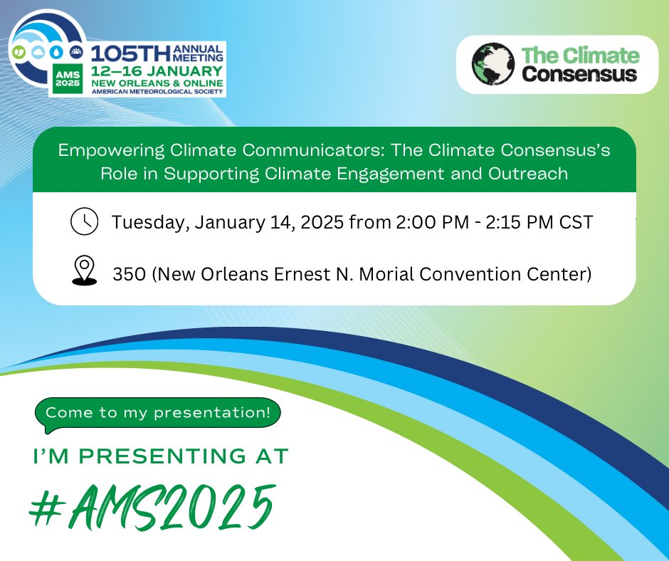 📣Attention #AMS2025 attendees📣

Gabby Brown and Austin Reed from our Board of Directors will be presenting on Empowering Climate Communicators on Tues, Jan 14th at 2 pm CST in room 350. Stop by to learn more about what we do!

<a href="/ametsoc/">American Meteorological Society</a>