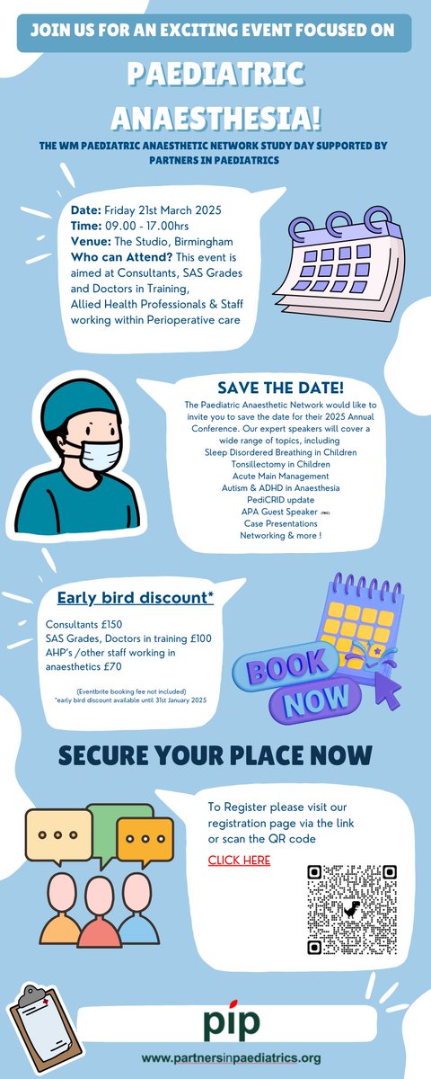 💥REGISTRATION NOW OPEN for the Paediatric Anaesthetic Network Study Day. Book now and take advantage of our early bird discount!👀eventbrite.co.uk/e/paediatric-a…