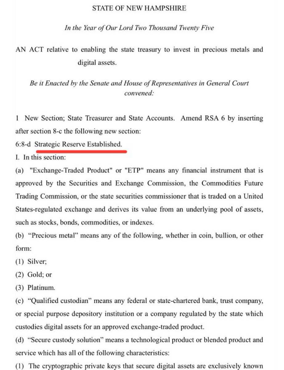 BREAKING: 🇺🇸 ‘Strategic Bitcoin Reserve’ bill presented in the State of New Hampshire.