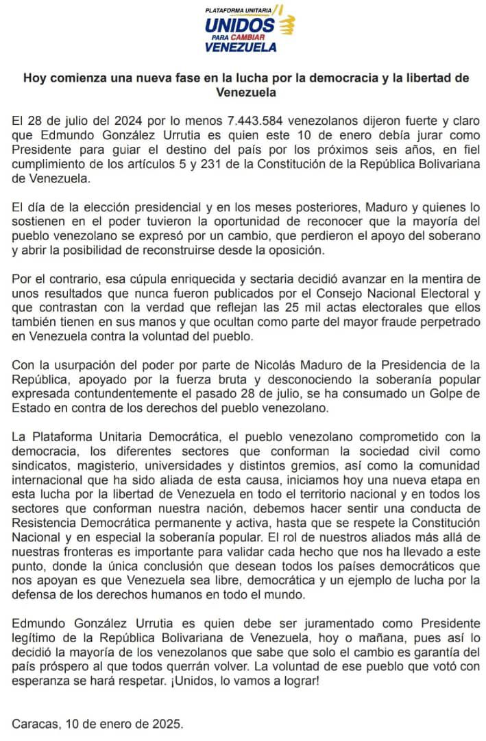 Comunicado de la plataforma unitaria en referencia a los últimos acontecimientos que se han vividos en el pais. #Comunicado #10E