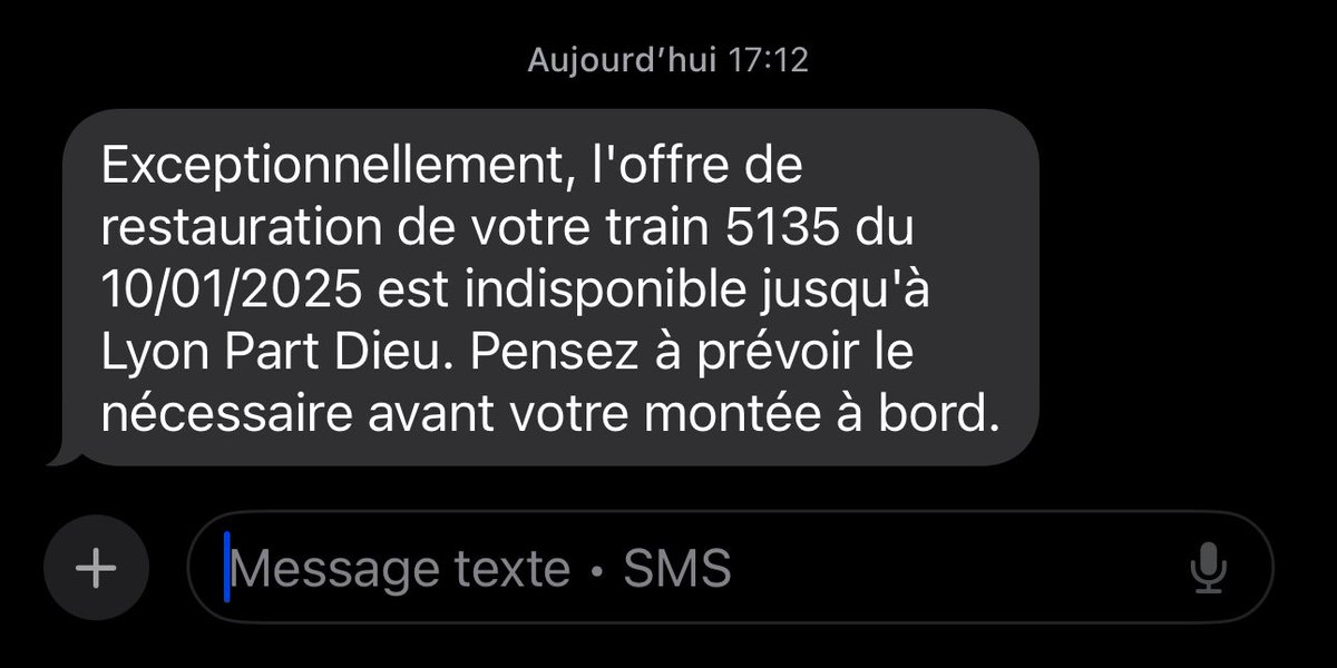 Coucou <a href="/SNCFVoyageurs/">SNCF Voyageurs</a> merci pour le sms pour nous prévenir de la fermeture de la voiture bar. Par contre si la prochaine fois c’est possible de prévenir avant le départ du train, ça permet de faire des petites courses avant 😉