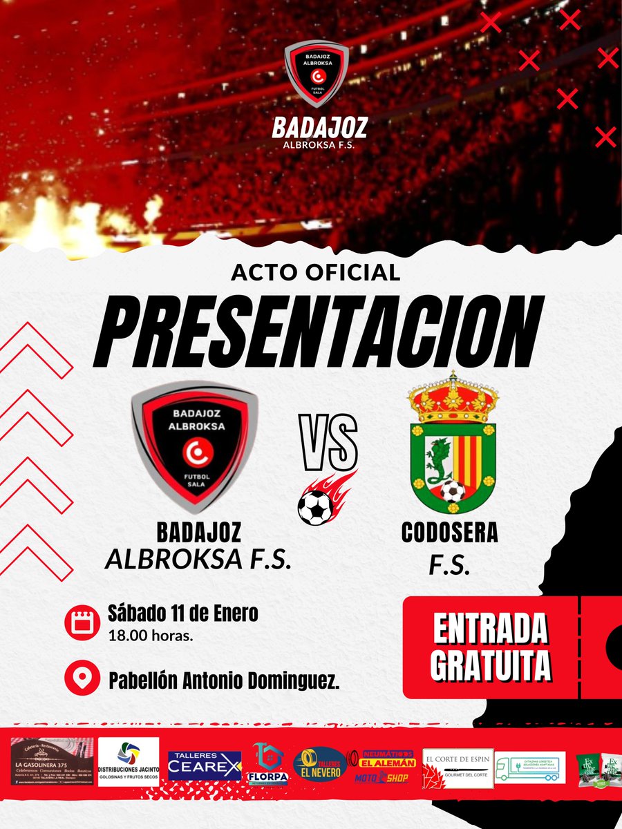 🎉 ¡Gran presentación del Badajoz Albroksa F.S.!
📅 Sábado 11/1 | 🕕 18:00 h
📍 Pabellón Antonio Domínguez
⚽ Acto oficial + partidazo vs Codosera F.S. 
🎟️ Entrada gratuita
#FutbolSala #Badajoz #EventoDeportivo